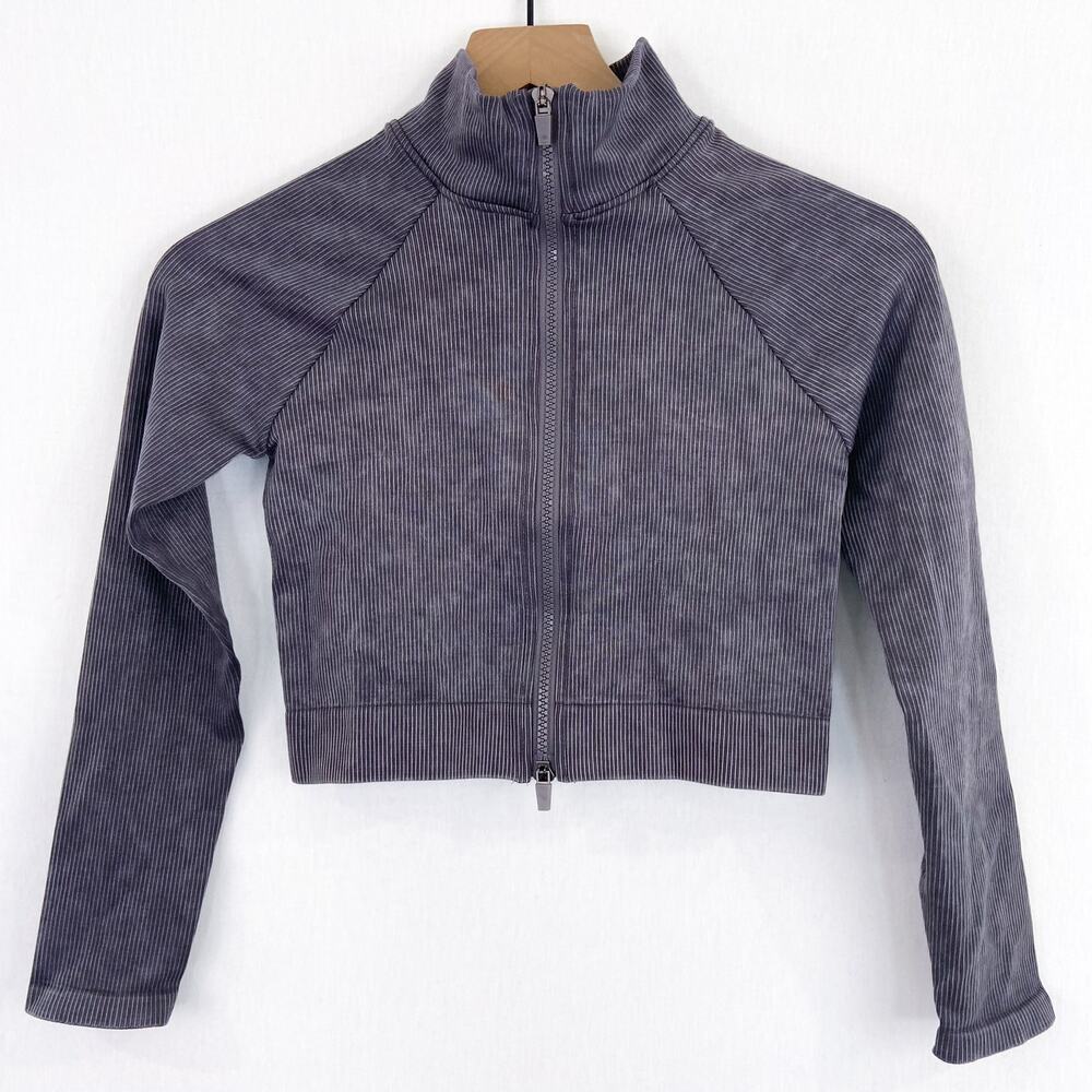 Mono B Women's Purple Raglan Athletic Cropped Long Sleeve Double Zip Sweater